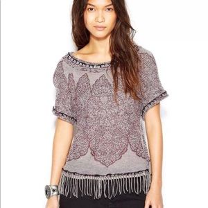 Free People Paisley Medallion Fringe Short Sleeve Boho Sweater - Size S
